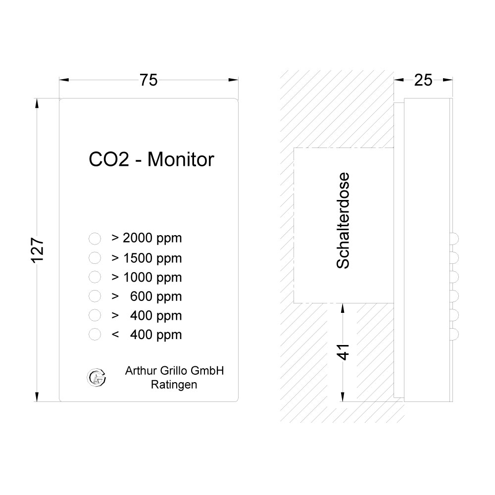 Zeichnung: Abmessungen CO²-Monitor-CM2