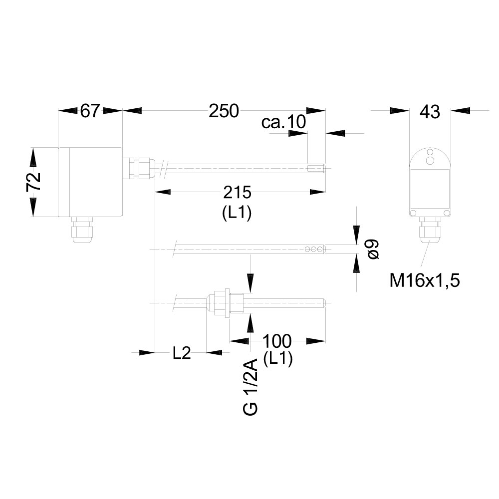 Zeichnung: Abmessungen Kanaltemperaturmessumformerer MINI90P