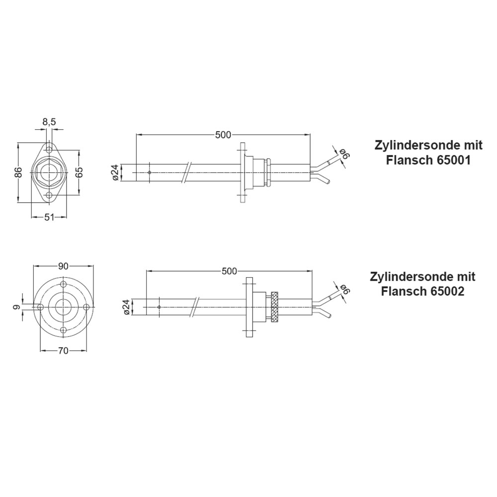 Zeichnung: Abmessungen Zylindersonde MBZ